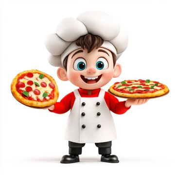 A cheerful cartoon chef holds two pizzas, showcasing vibrant toppings, in a playful and inviting style.