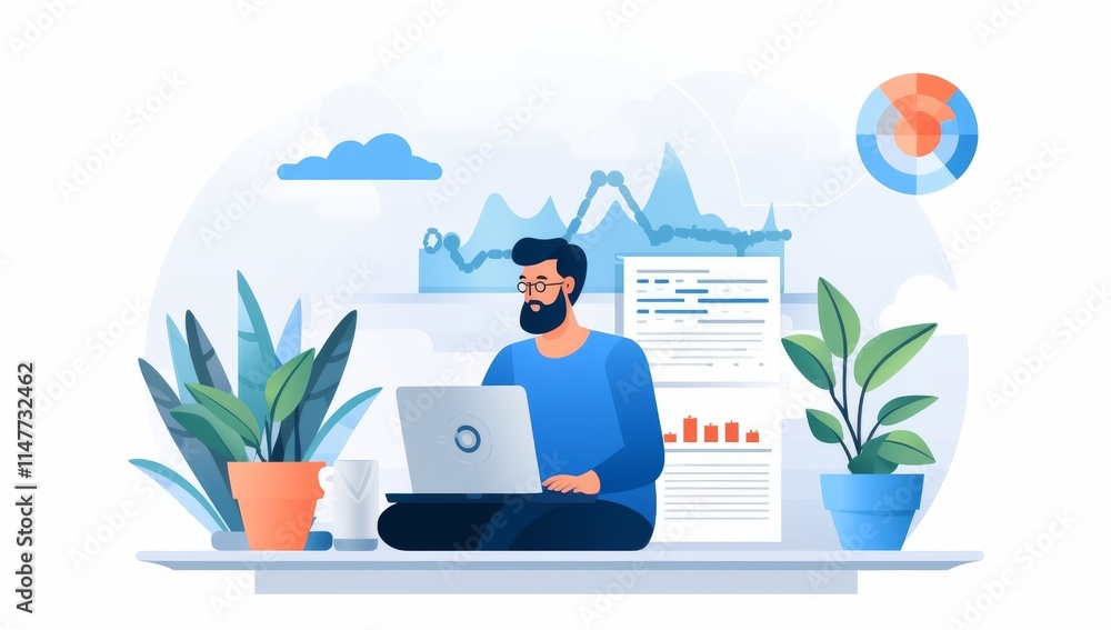 Poster man working on laptop with data analytics charts and graphs