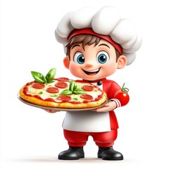 A cheerful cartoon chef boy happily presents a delicious pizza topped with basil and pepperoni, showcasing his passion for cooking.