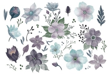 Watercolours set of flowers. Spring or summer theme. For printing on textile, postcards, pattern, social media, blue, transparent, texture, leaves.