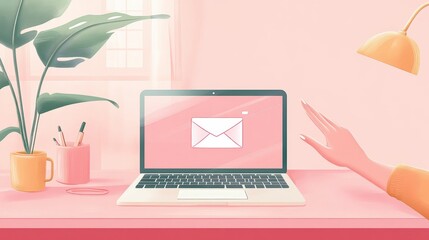 Cozy Workspace with Computer and Hand Gesturing for Email