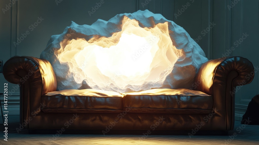 Poster a glowing white hole breaks through the crumpled brown leather of a sofa, illuminating the material 