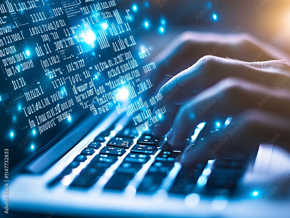 Poster close-up of hands typing on a secure healthcare information system keyboard with data monitoring int