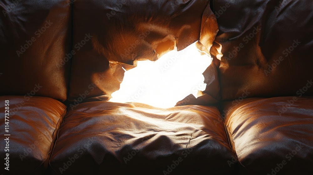Poster a glowing white hole breaks through the crumpled brown leather of a sofa, illuminating the material 