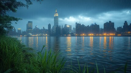Obraz premium Rainy night cityscape reflected in calm water.
