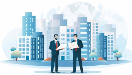 Businessmen reviewing documents in front of cityscape