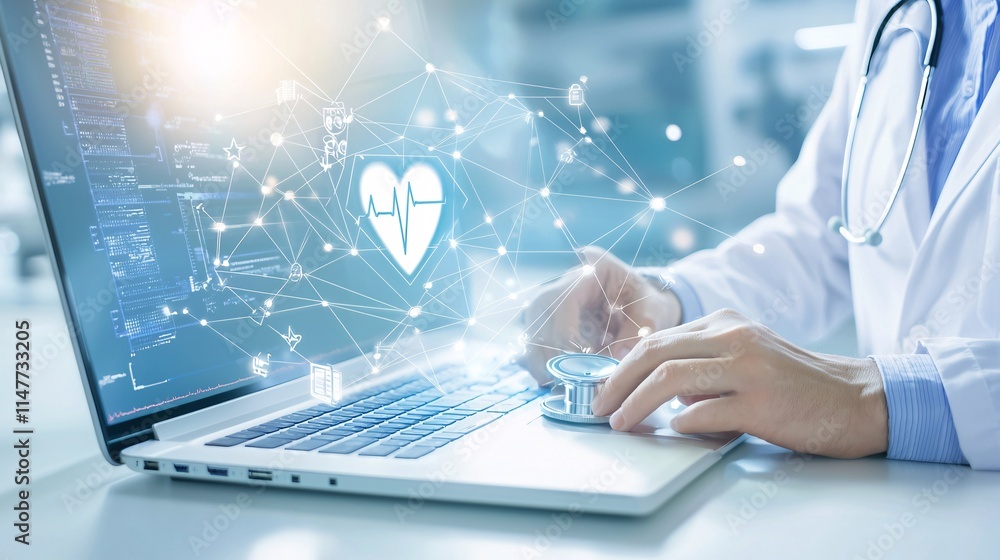 Poster a cybersecurity expert protecting digital medical records with a firewall interface visible on a com