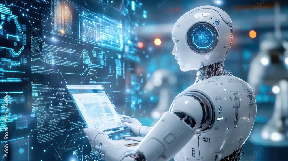 Poster futuristic robot working with data in high-tech environment