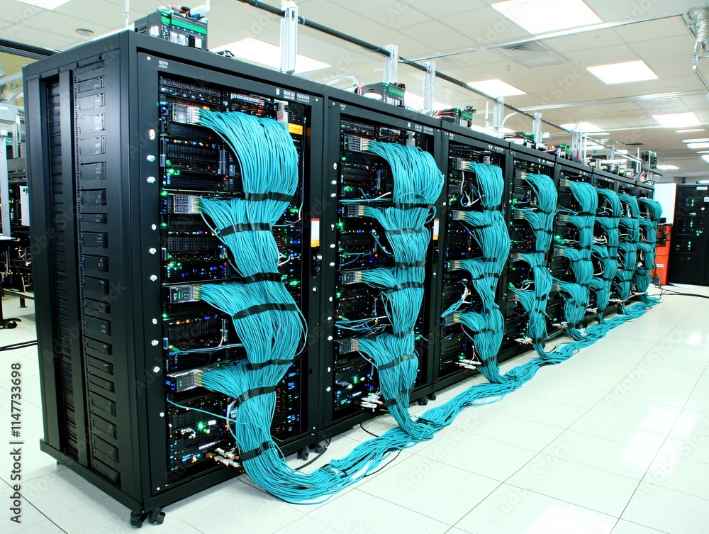 Poster a row of servers in a secure data center, symbolizing the storage of sensitive medical information