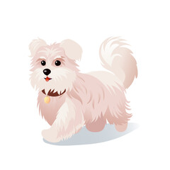 A charming vector illustration of a fluffy white dog with a wagging tail and a collar featuring a small golden tag. This clean, modern artwork is perfect for themes such as pets, animals, happiness