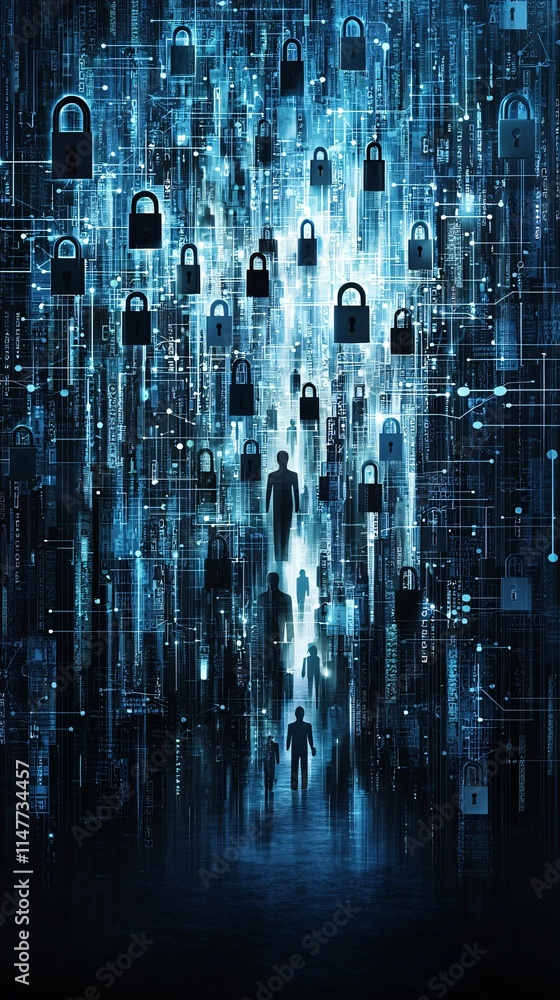 Poster an abstract representation of digital privacy in healthcare, layered locks and keyholes with a glowi