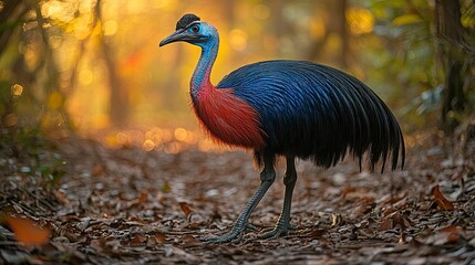 Fototapeta premium A colorful cassowary bird walks through a forest path at sunrise, showcasing vibrant plumage.