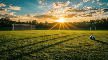 A lush soccer field at sunset, with vibrant green grass and goalposts casting long, dramatic shadows under the warm golden light of the setting sun.