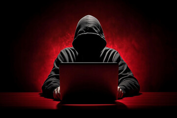 Hooded Computer Hacker in Red Room with Laptop - Low Key Portrait of Cyber Criminal