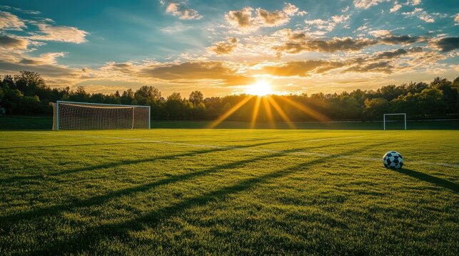 A lush soccer field at sunset, with vibrant green grass and goalposts casting long, dramatic shadows under the warm golden light of the setting sun.