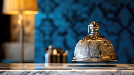 A luxurious, shining service bell bathed in soft light, set on a marbled counter with a bright blue backdrop to create an inviting and refined ambiance.