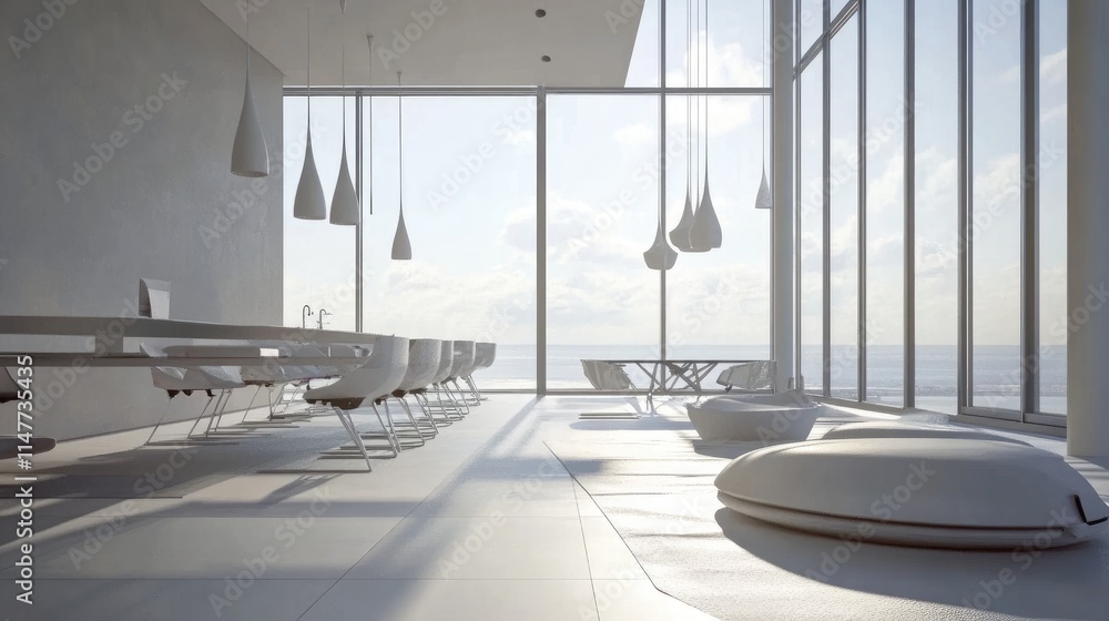 Poster a modern office space with large panoramic windows, featuring a minimalist design with white and gra