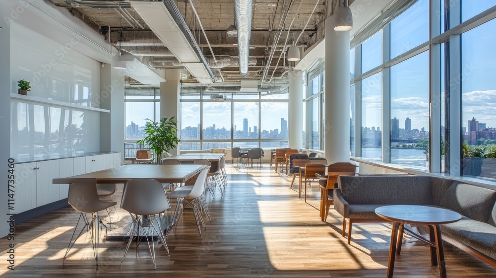 Poster a modern office space with large panoramic windows, featuring a minimalist design with white and gra
