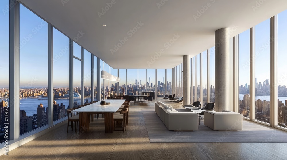 Poster a modern office space with large panoramic windows, featuring a minimalist design with white and gra