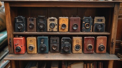 Antique cameras displayed on wooden shelves.