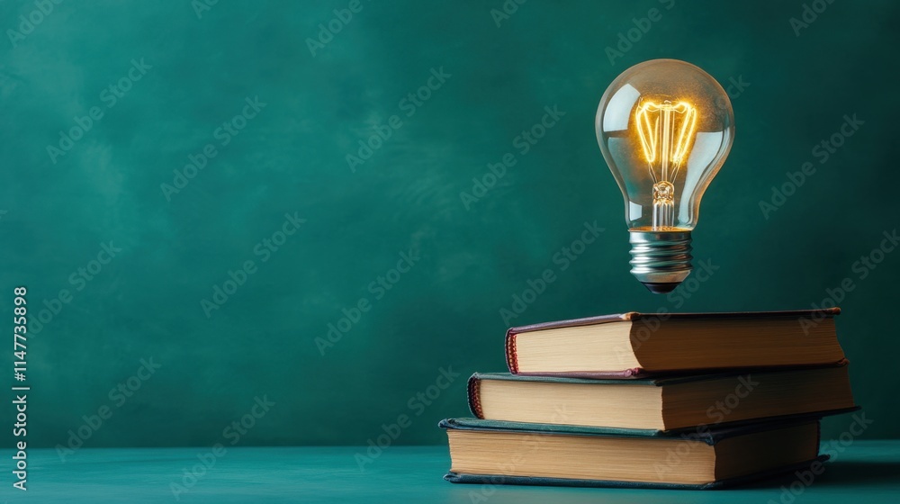 Poster light bulb floating above stack of books on textured green background