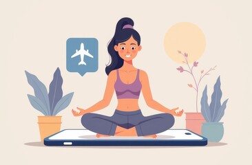 Woman Meditating on Smartphone With Travel Icon and Decorative Plants