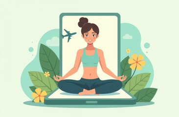 Woman Meditating on Smartphone With Travel Icon and Decorative Plants