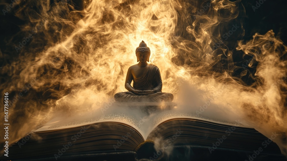 Poster a mystical book with golden rays emanating from its pages, revealing a buddha figure surrounded by s