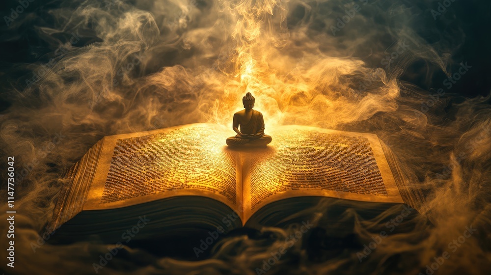Poster a mystical book with golden rays emanating from its pages, revealing a buddha figure surrounded by s
