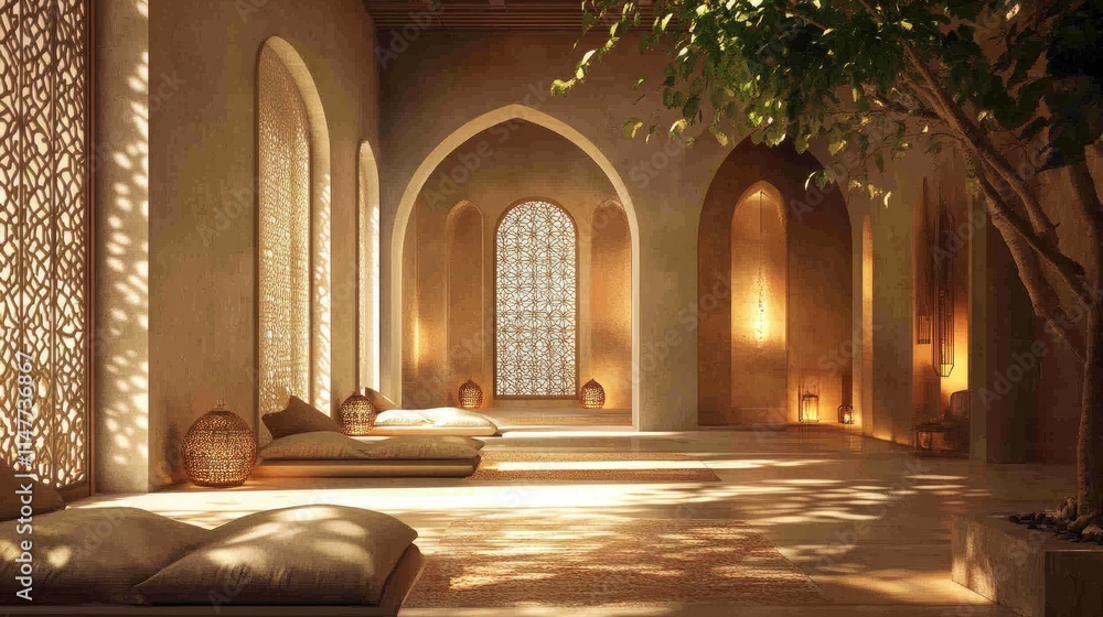 Poster A peaceful interior with soft glowing arches adorned with elaborate patterns, evoking a sense of calm and tranquility.