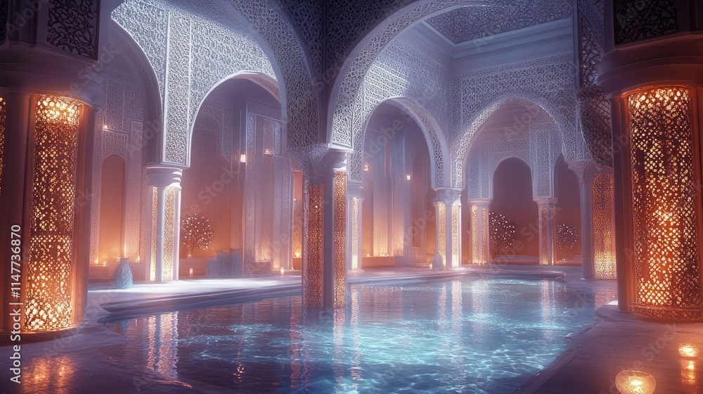 Poster A peaceful interior with soft glowing arches adorned with elaborate patterns, evoking a sense of calm and tranquility.
