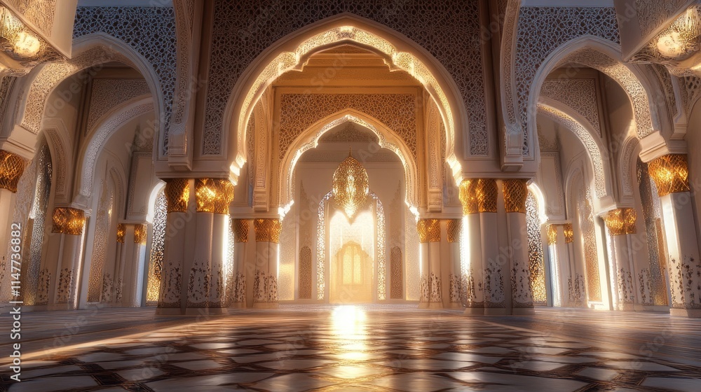 Poster A peaceful interior with soft glowing arches adorned with elaborate patterns, evoking a sense of calm and tranquility.