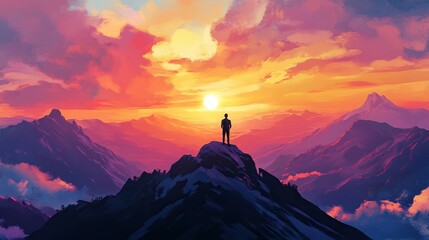 Man on a mountain peak, watching the sunset, with his back to the camera, the sky is orange and blue, symbolizing freedom, success in business and personal life, ideal for book covers or posters.