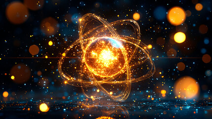Obraz premium Glowing atom model with bokeh background.