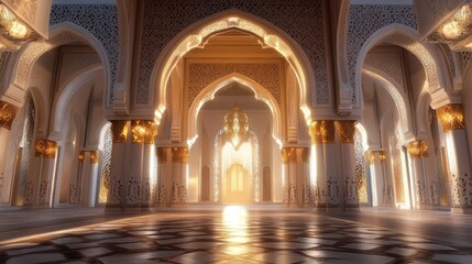 Obraz premium A peaceful interior with soft glowing arches adorned with elaborate patterns, evoking a sense of calm and tranquility.