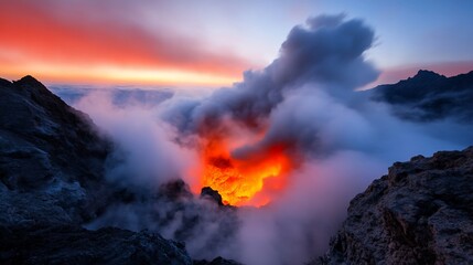 Fototapeta premium Dramatic volcanic eruption at sunset with glowing lava.