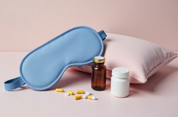 Sleep Accessories With Pills on Modern Minimalist Background