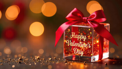 Transparent glass gift with glass bow, golden glowing text “Happy Valentine's Day”, festive golden bokeh background