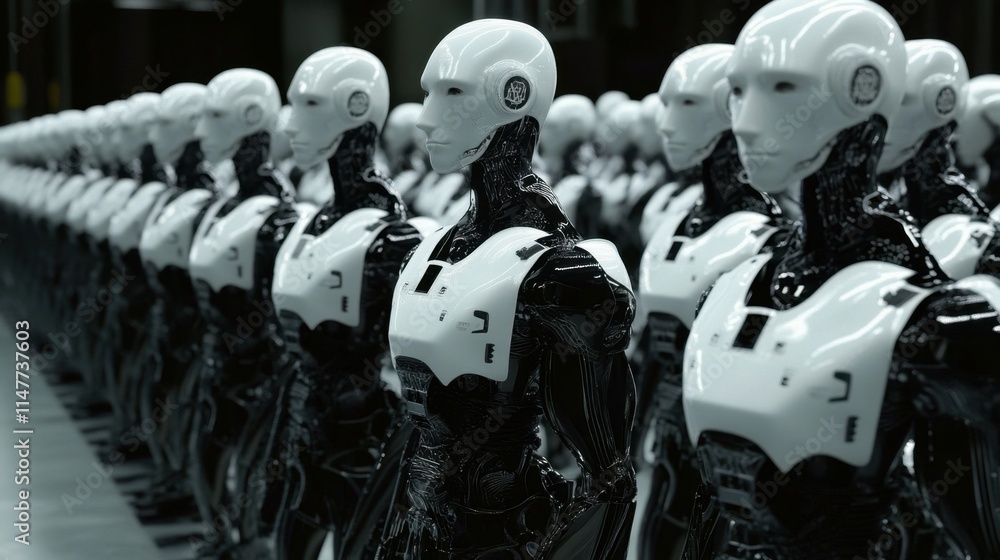 Poster futuristic scene of rows of human-like robots in a modern factory