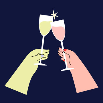 Two hands toasting with Champagne Glasses. Flat vector Illustration.
