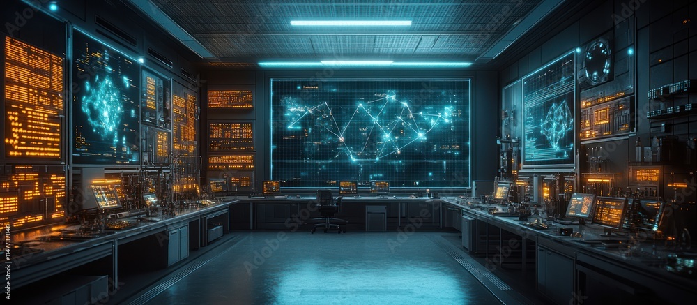 Poster futuristic command center with glowing screens and network map.
