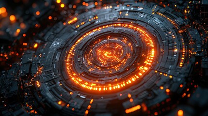Fototapeta premium Abstract circular futuristic technology design with glowing orange energy rings.