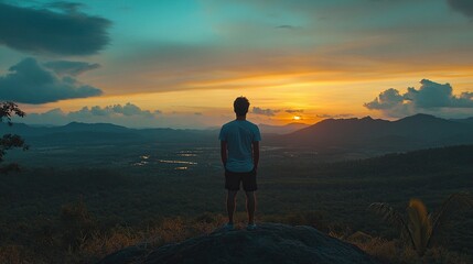 Man on a mountain peak, watching the sunset, with his back to the camera, the sky is orange and blue, symbolizing freedom, success in business and personal life, ideal for book covers or posters.