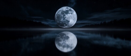 A serene moonlit landscape reflecting on water.