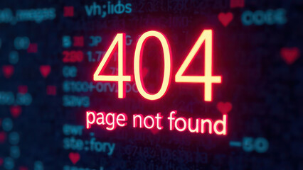 sign with glowing neon text in center &ldquo;404&rdquo; and text "Page not found" under it over blurred digital background