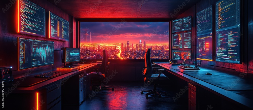 Aufkleber cyberpunk office with city view at sunset, featuring dual workstations and multiple monitors display