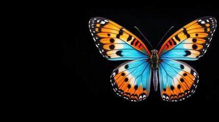 Closeup of colorful butterfly wings against a black background, illuminated by soft light Butterfly macro, Delicate nature