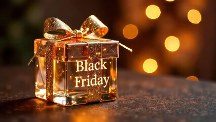 Transparent glass Christmas gift with glass bow, golden glowing text &ldquo;Black Friday&rdquo;, festive golden bokeh background 