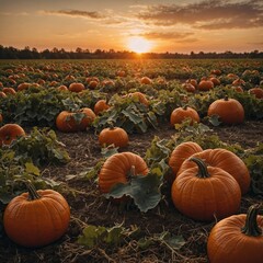 Photograph a pumpkin patch at sunset.

