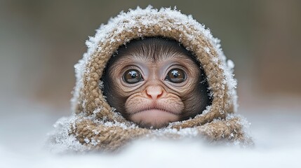 Adorable baby monkey covered in a knitted winter scarf, nestled in the snow.